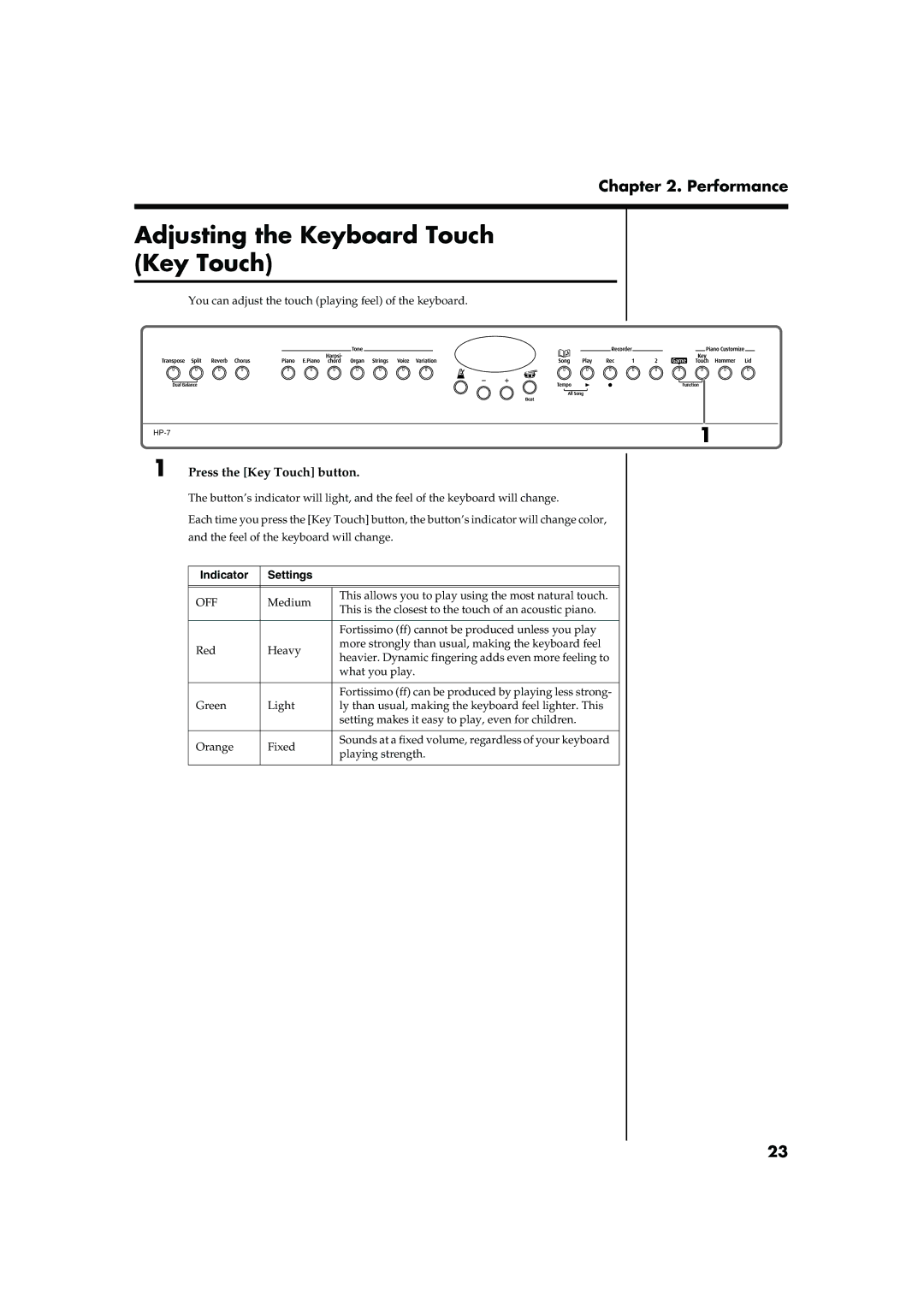 Roland HP-7/3 owner manual Adjusting the Keyboard Touch Key Touch, Press the Key Touch button, Indicator Settings 