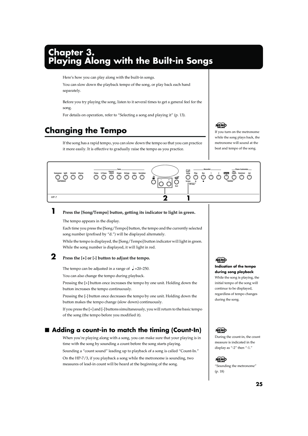 Roland HP-7/3 owner manual Changing the Tempo, Adding a count-in to match the timing Count-In 