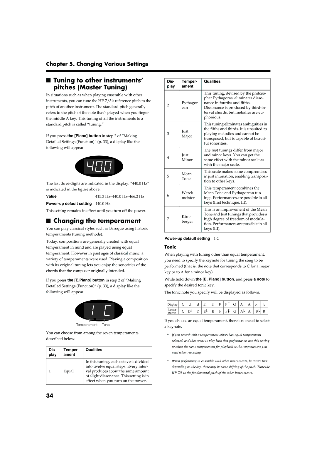 Roland HP-7/3 owner manual Tuning to other instruments’ Pitches Master Tuning, Changing the temperament, Tonic 