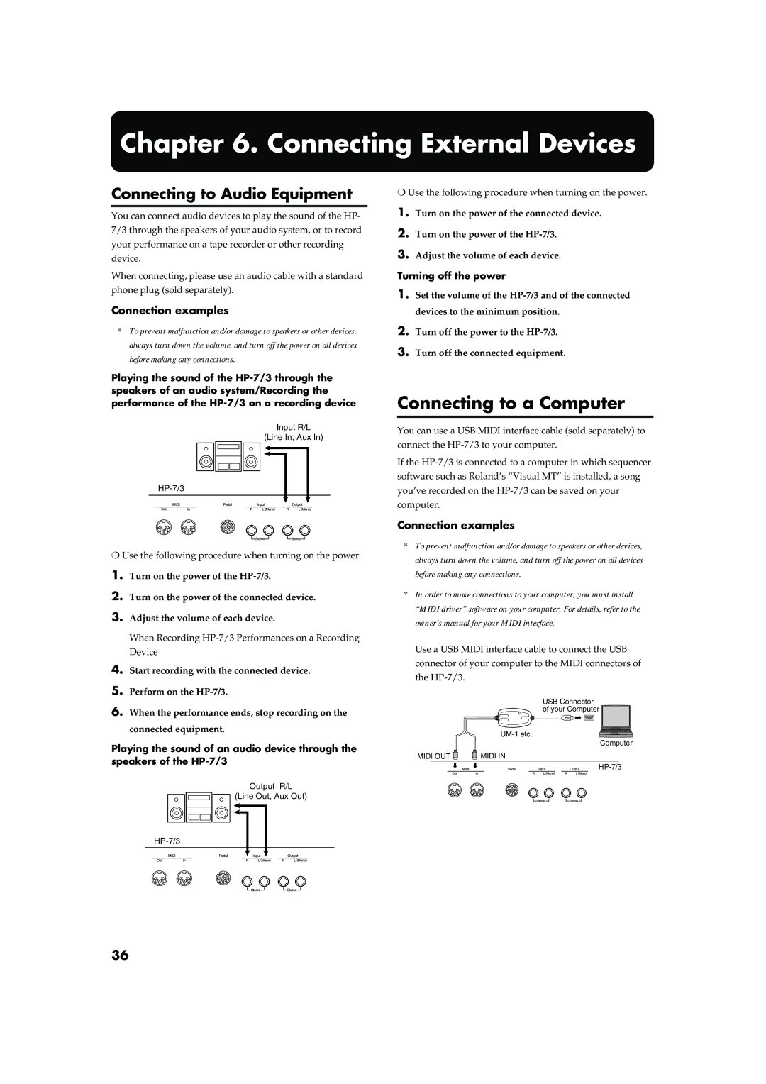 Roland HP-7/3 Connecting External Devices, Connecting to a Computer, Connecting to Audio Equipment, Connection examples 