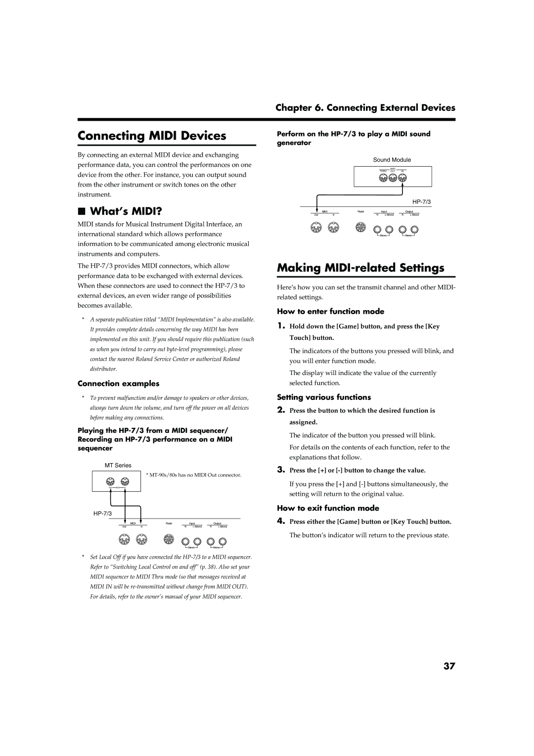 Roland HP-7/3 owner manual Connecting Midi Devices, What’s MIDI?, Setting various functions 