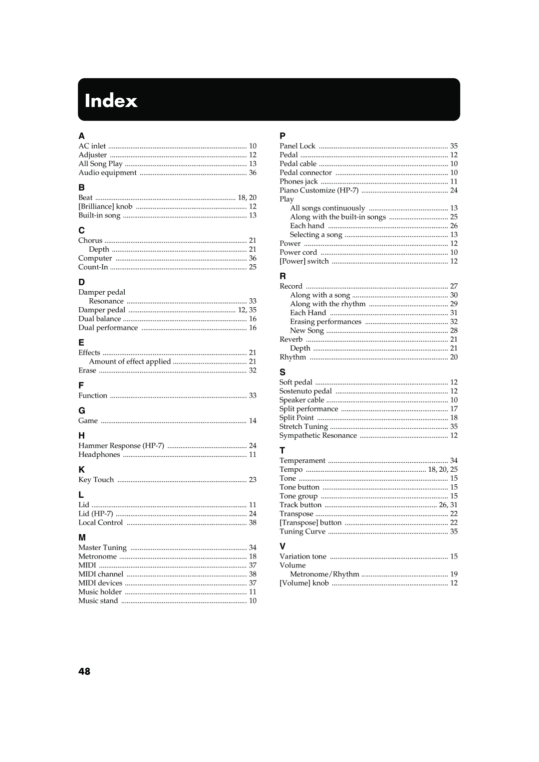 Roland HP-7/3 owner manual Index, Midi 