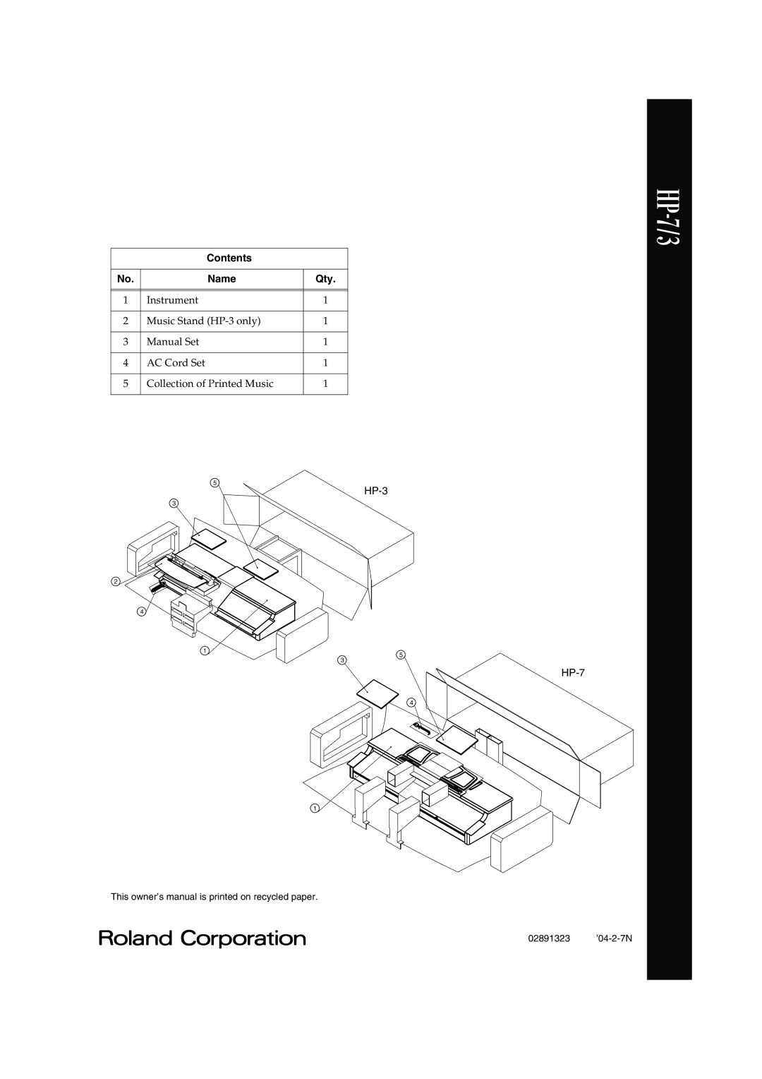 Roland HP-7/3 owner manual Contents Name Qty 