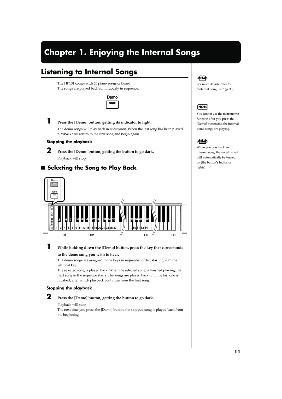 Roland HP101 owner manual Listening to Internal Songs, Selecting the Song to Play Back, Stopping the playback 