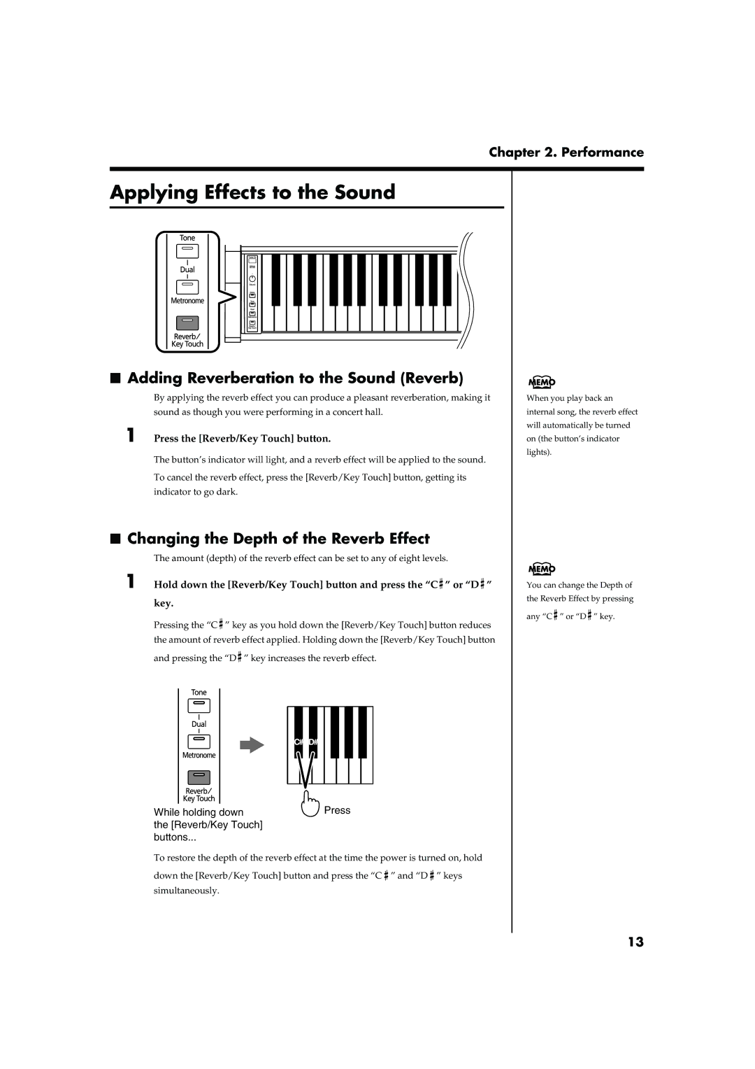 Roland HP101 owner manual Applying Effects to the Sound, Adding Reverberation to the Sound Reverb 