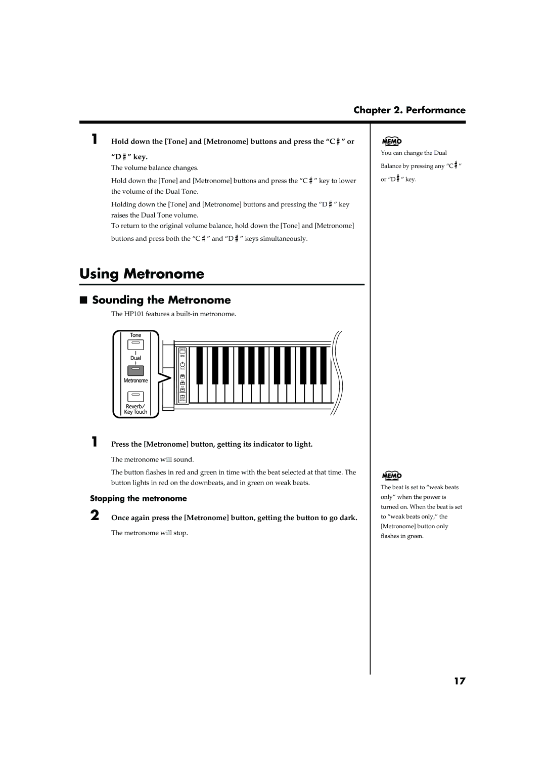 Roland HP101 owner manual Using Metronome, Sounding the Metronome, Stopping the metronome 