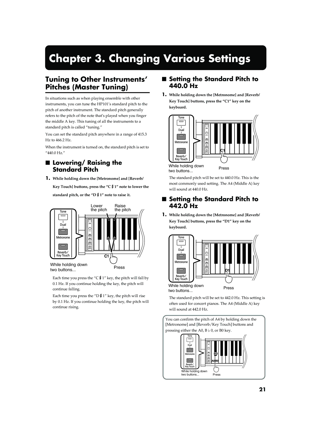 Roland HP101 owner manual Changing Various Settings, Tuning to Other Instruments’ Pitches Master Tuning 