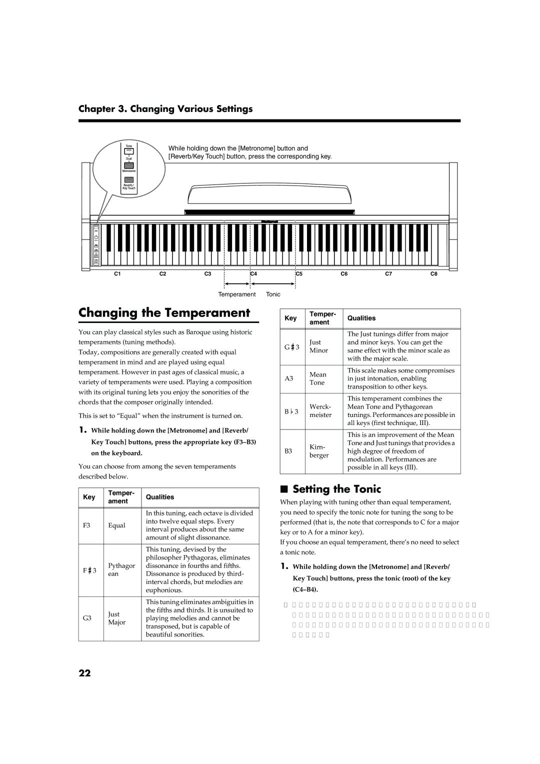 Roland HP101 owner manual Changing the Temperament, Setting the Tonic, Key Temper Qualities Ament 