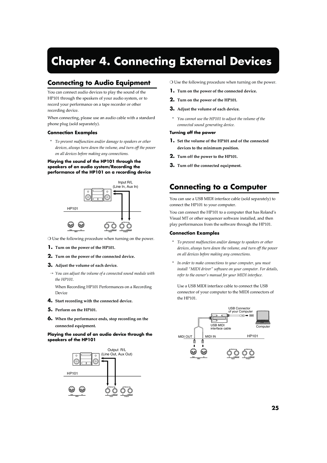 Roland HP101 Connecting External Devices, Connecting to a Computer, Connecting to Audio Equipment, Connection Examples 