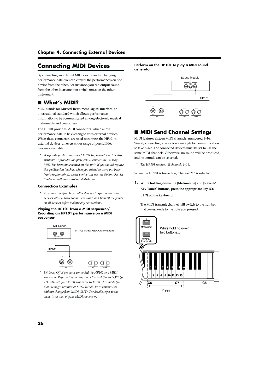 Roland HP101 owner manual Connecting Midi Devices, What’s MIDI?, Midi Send Channel Settings 