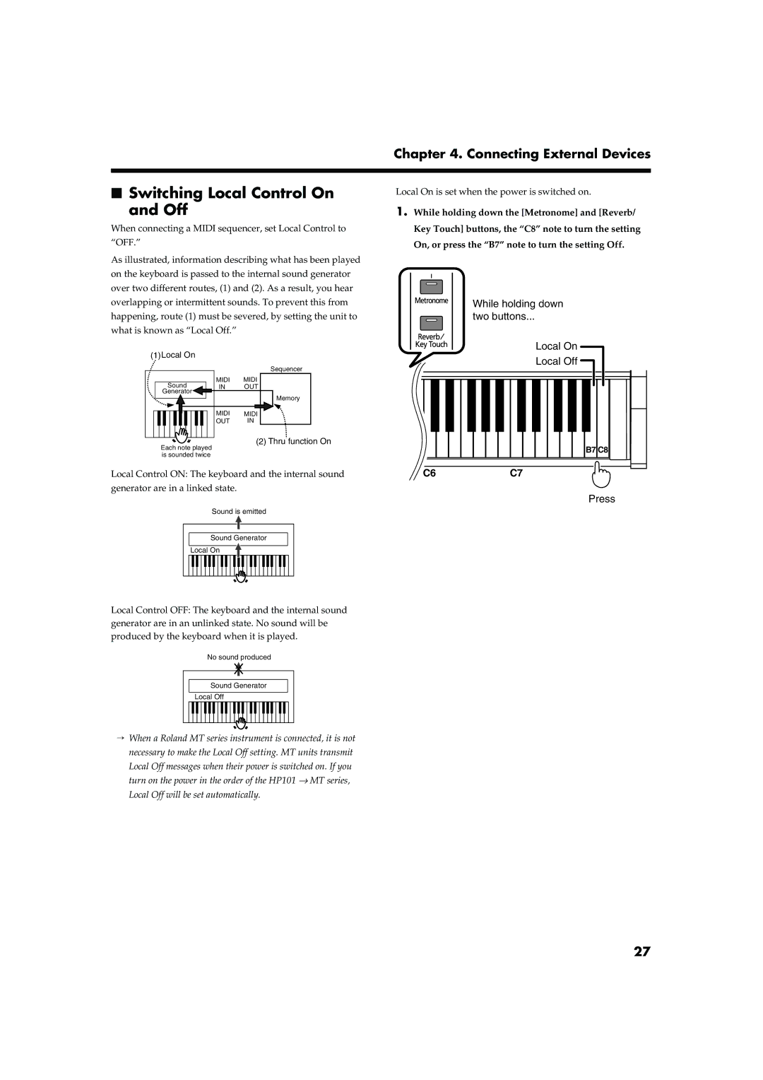 Roland HP101 owner manual Switching Local Control On Off 