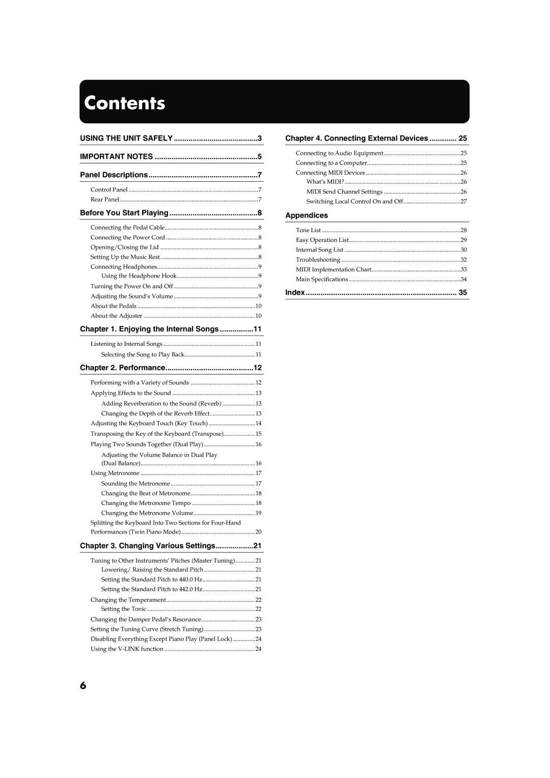 Roland HP101 owner manual Contents 