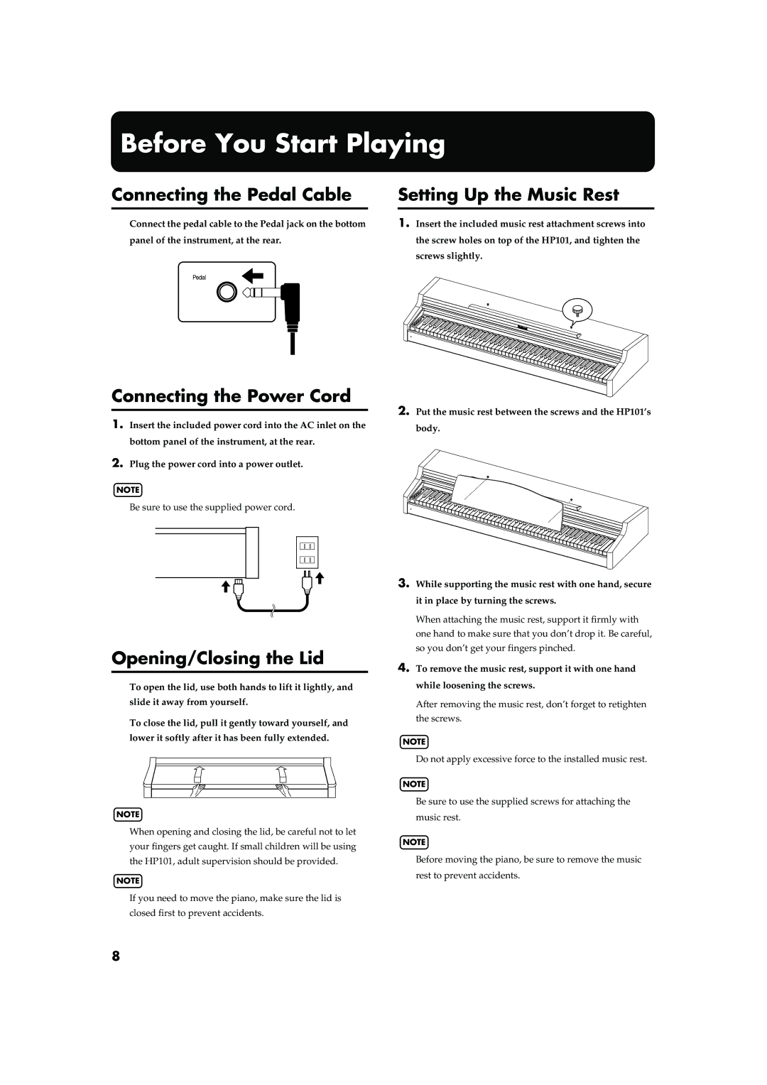 Roland HP101 Before You Start Playing, Connecting the Pedal Cable Setting Up the Music Rest, Connecting the Power Cord 