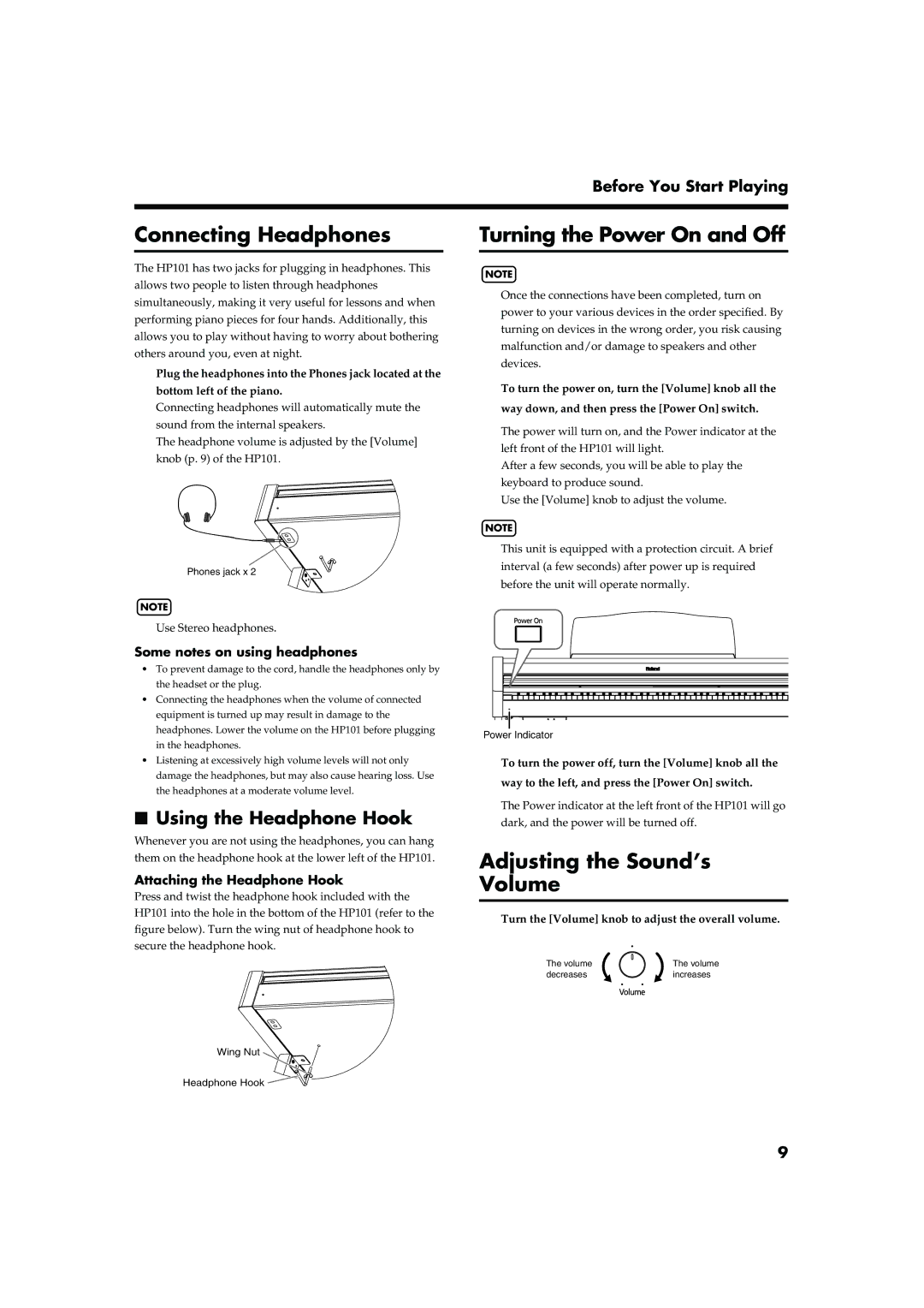 Roland HP101 Connecting Headphones, Turning the Power On and Off, Adjusting the Sound’s Volume, Using the Headphone Hook 