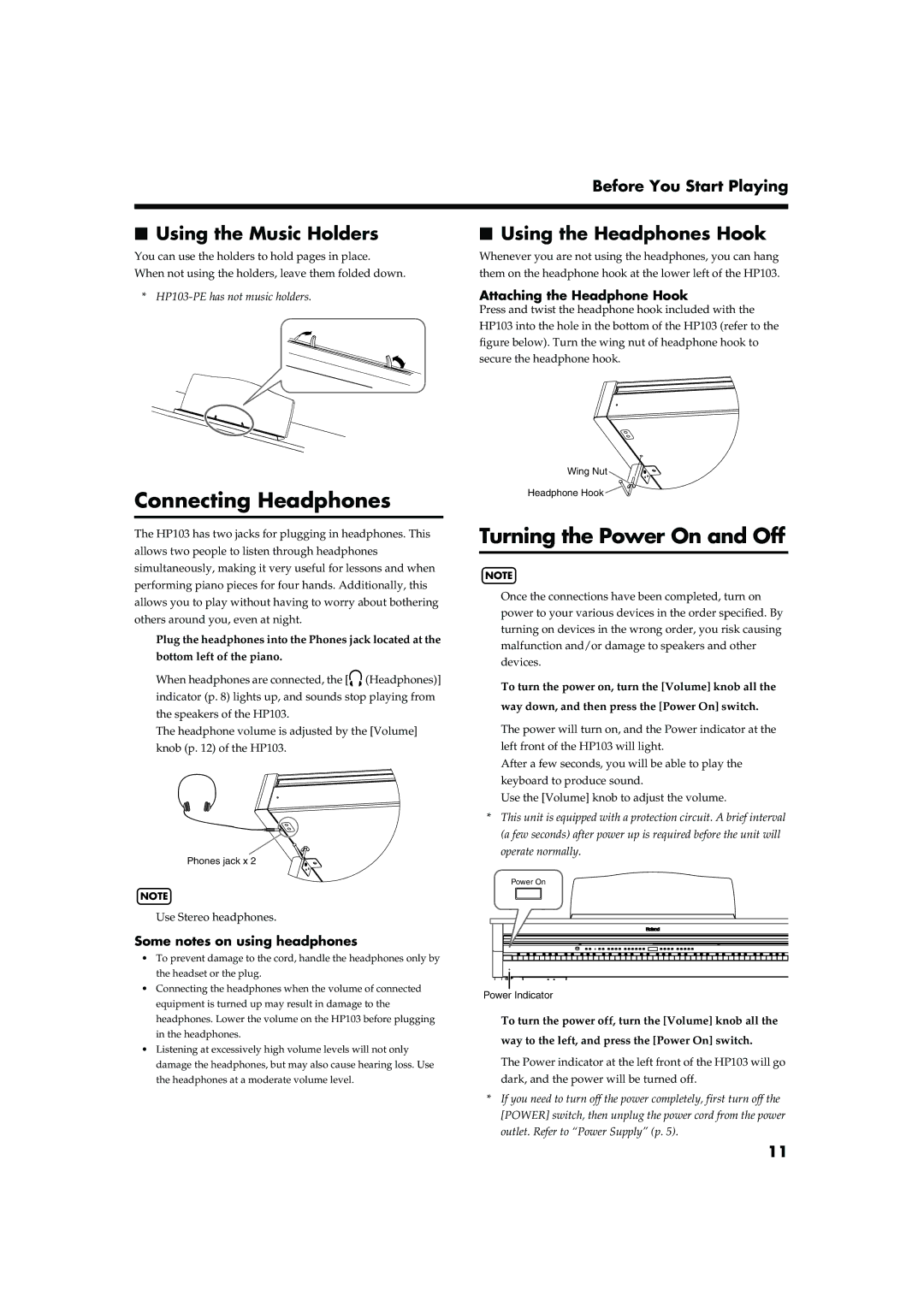 Roland HP103 Connecting Headphones, Turning the Power On and Off, Using the Music Holders, Using the Headphones Hook 