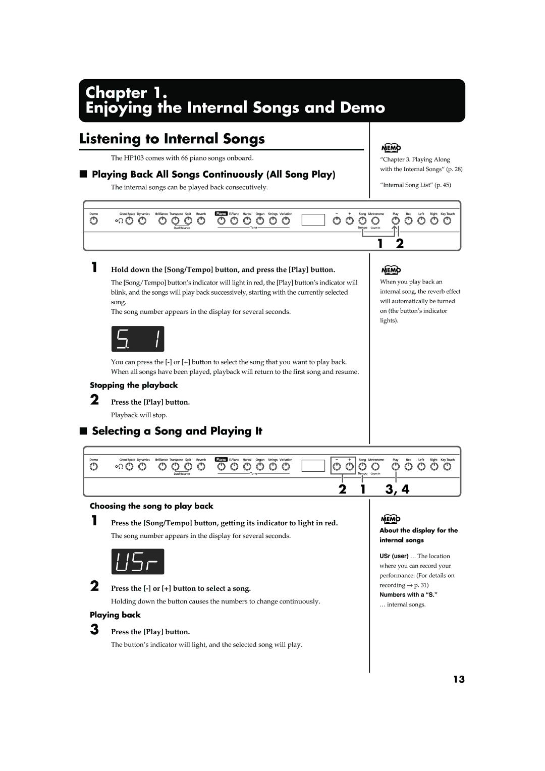 Roland HP103 owner manual Listening to Internal Songs, Selecting a Song and Playing It, Stopping the playback, Playing back 