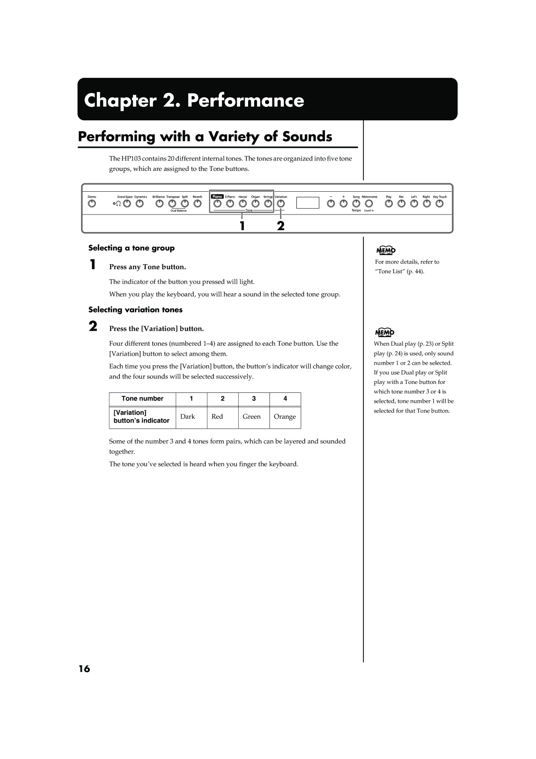 Roland HP103 Performance, Performing with a Variety of Sounds, Selecting a tone group, Selecting variation tones 