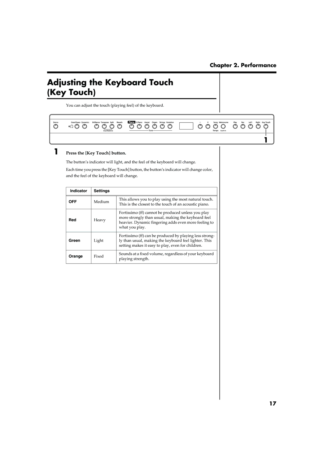 Roland HP103 Adjusting the Keyboard Touch Key Touch, Press the Key Touch button, Indicator Settings, Red, Orange 