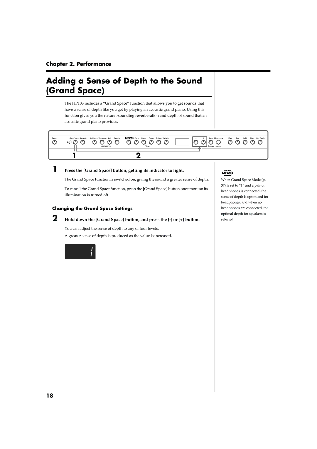 Roland HP103 owner manual Adding a Sense of Depth to the Sound Grand Space, Changing the Grand Space Settings 