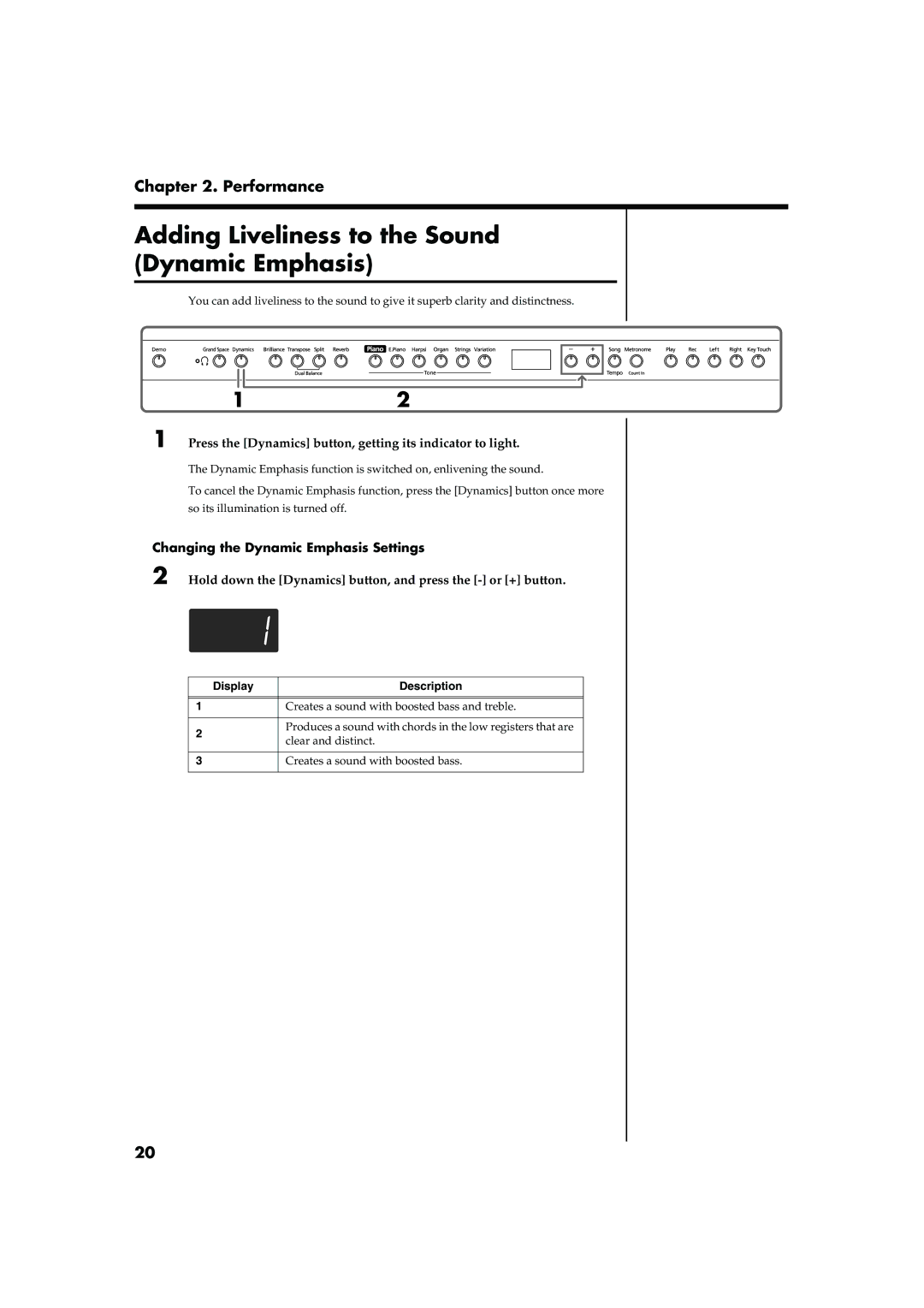 Roland HP103 Adding Liveliness to the Sound Dynamic Emphasis, Press the Dynamics button, getting its indicator to light 