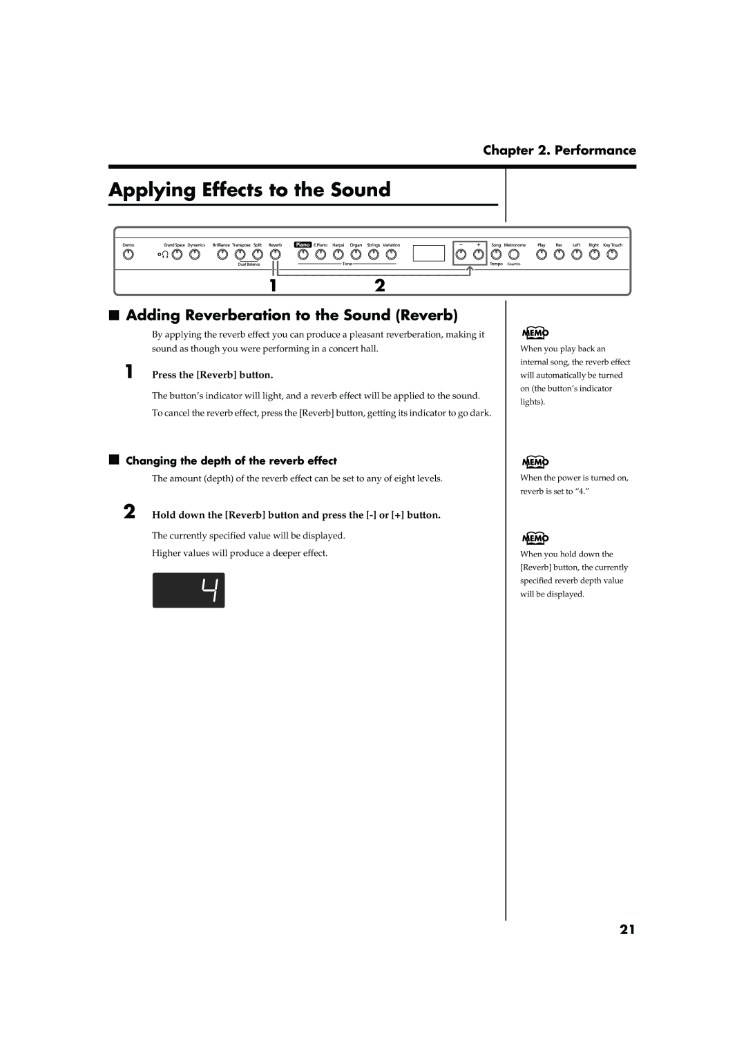 Roland HP103 owner manual Applying Effects to the Sound, Adding Reverberation to the Sound Reverb, Press the Reverb button 