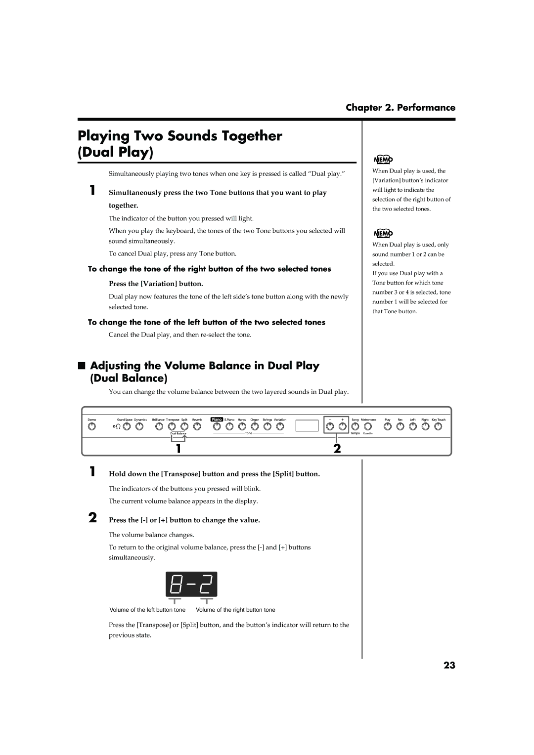 Roland HP103 owner manual Playing Two Sounds Together Dual Play, Adjusting the Volume Balance in Dual Play Dual Balance 