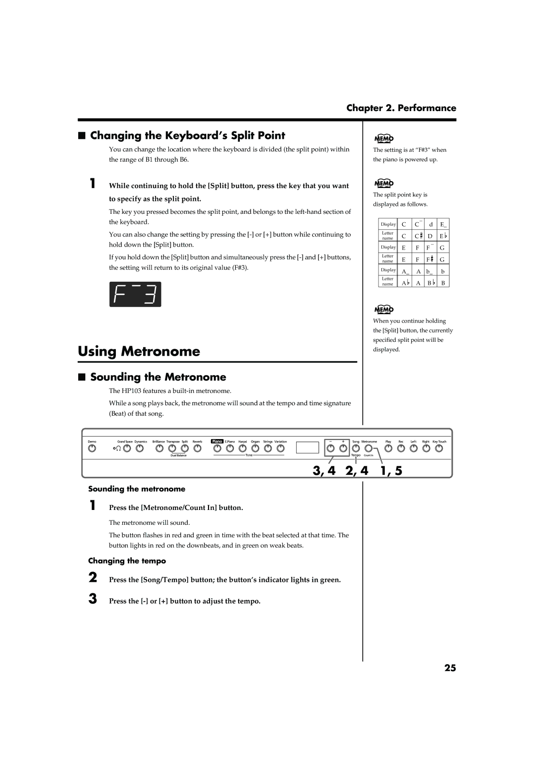 Roland HP103 owner manual Using Metronome, 2, 4 1, Changing the Keyboard’s Split Point, Sounding the Metronome 