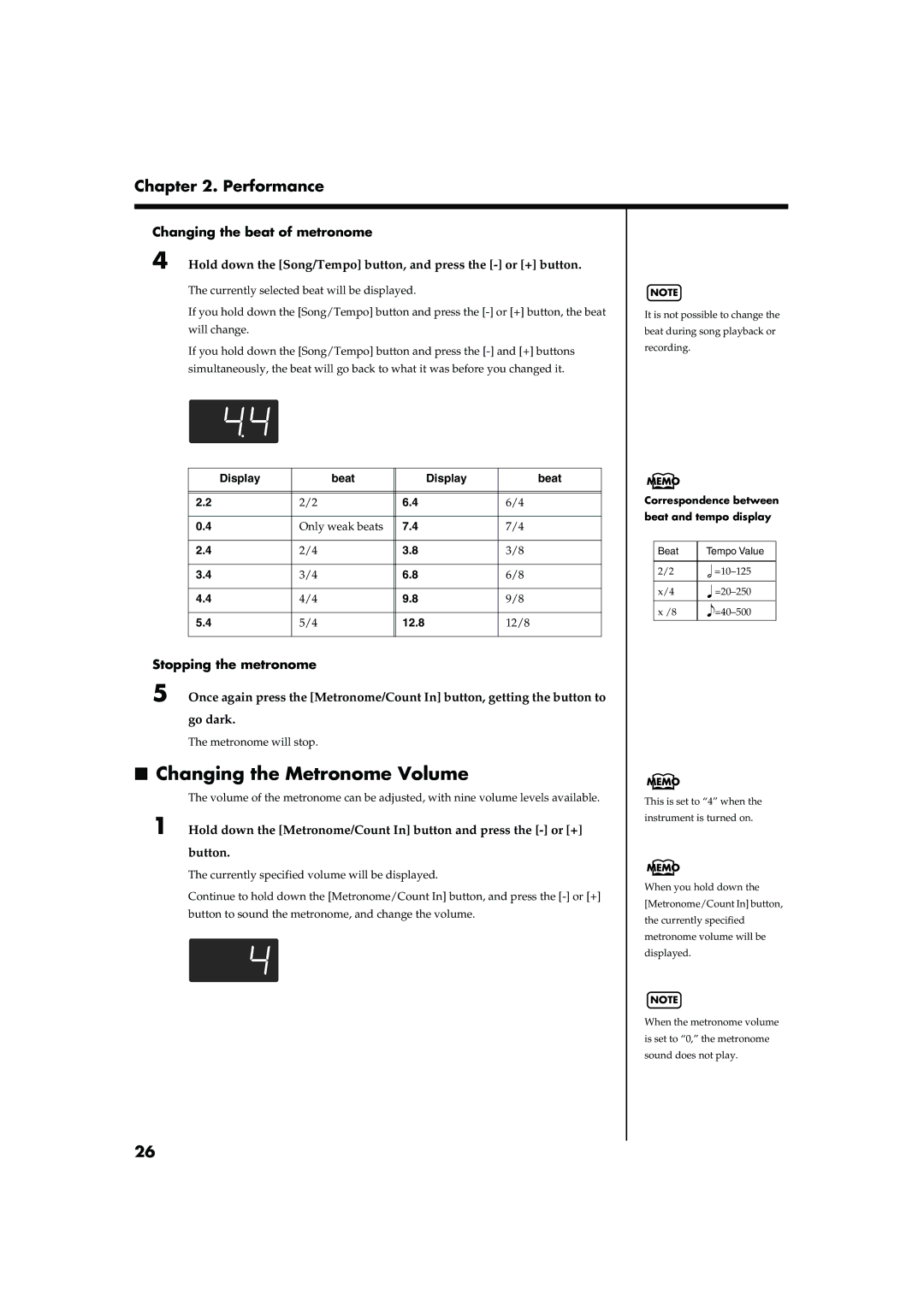 Roland HP103 owner manual Changing the Metronome Volume, Changing the beat of metronome, Stopping the metronome 