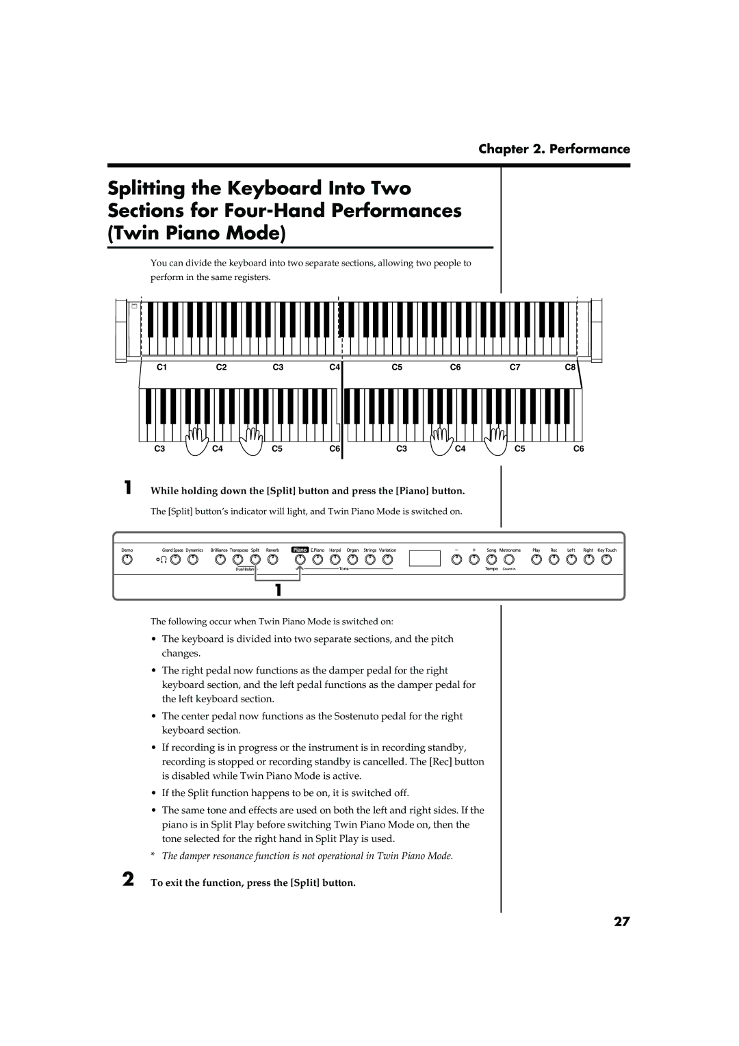 Roland HP103 owner manual To exit the function, press the Split button, Fig.panel3-1 