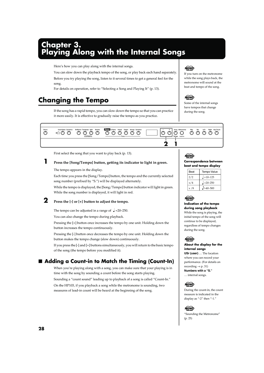 Roland HP103 owner manual Changing the Tempo, Adding a Count-in to Match the Timing Count-In 