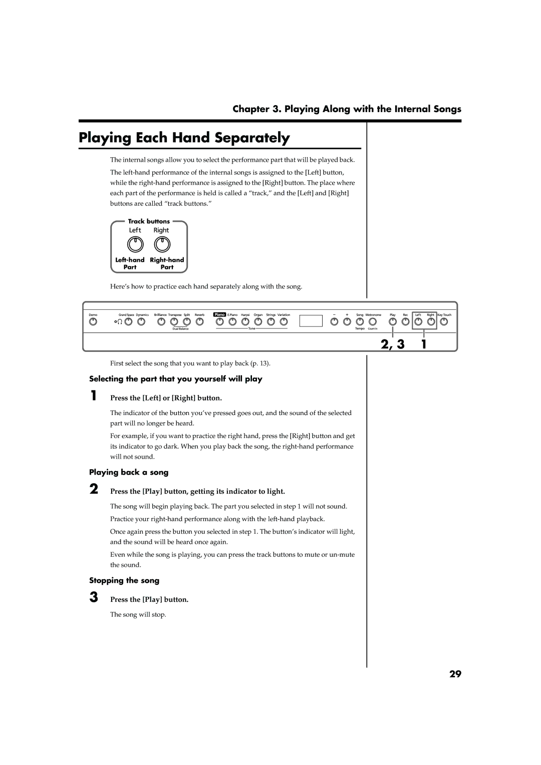 Roland HP103 owner manual Playing Each Hand Separately, Selecting the part that you yourself will play, Playing back a song 