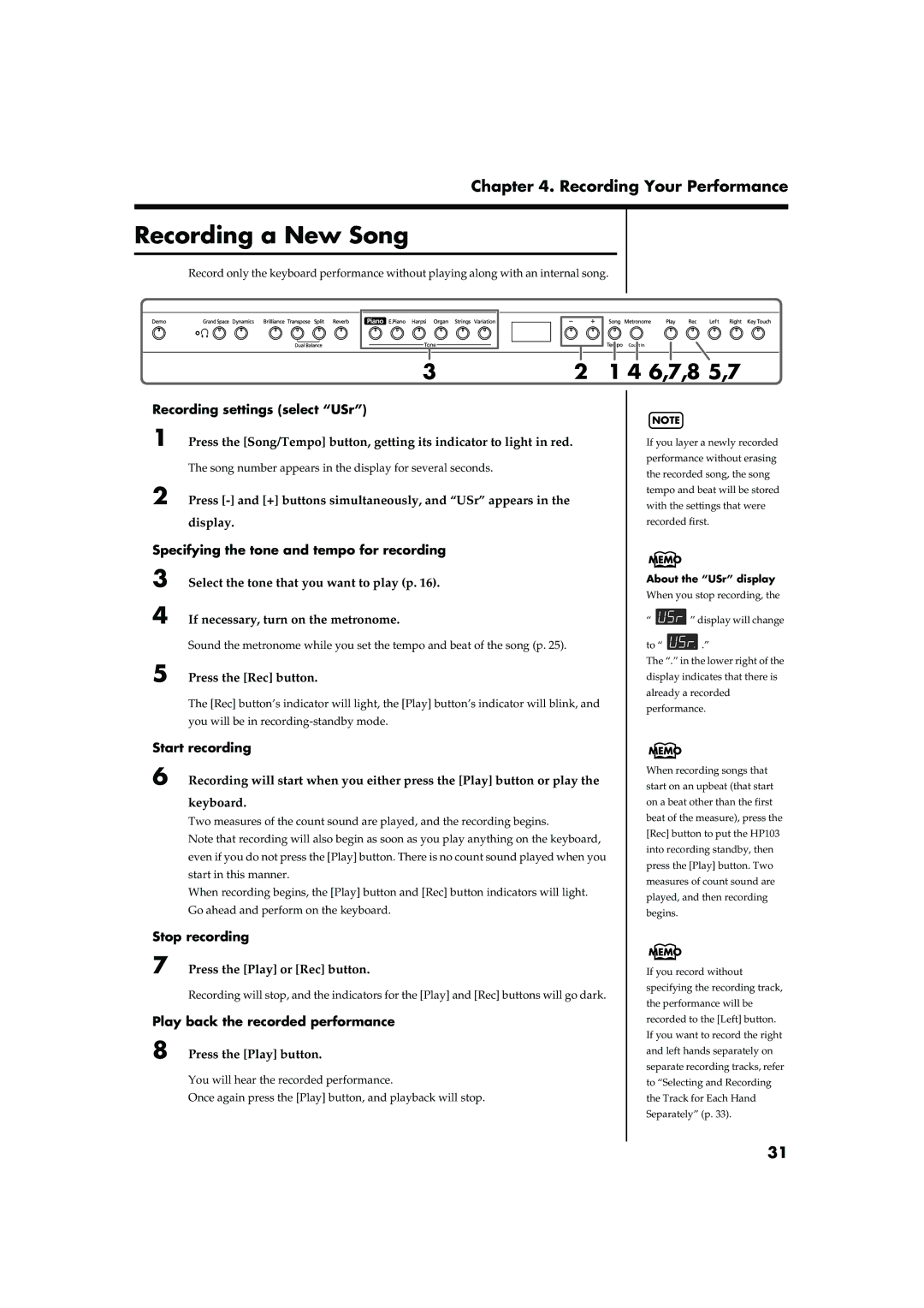 Roland HP103 owner manual Recording a New Song, 6,7,8 5,7 