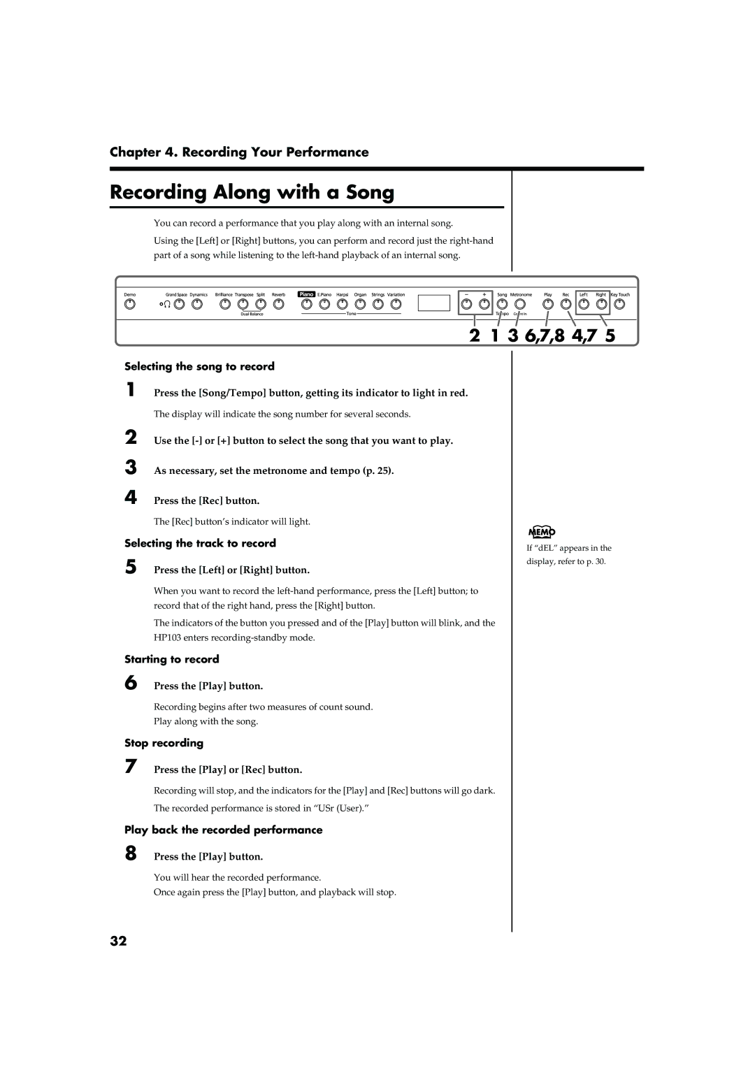 Roland HP103 Recording Along with a Song, 3 6,7,8 4,7, Selecting the song to record, Selecting the track to record 