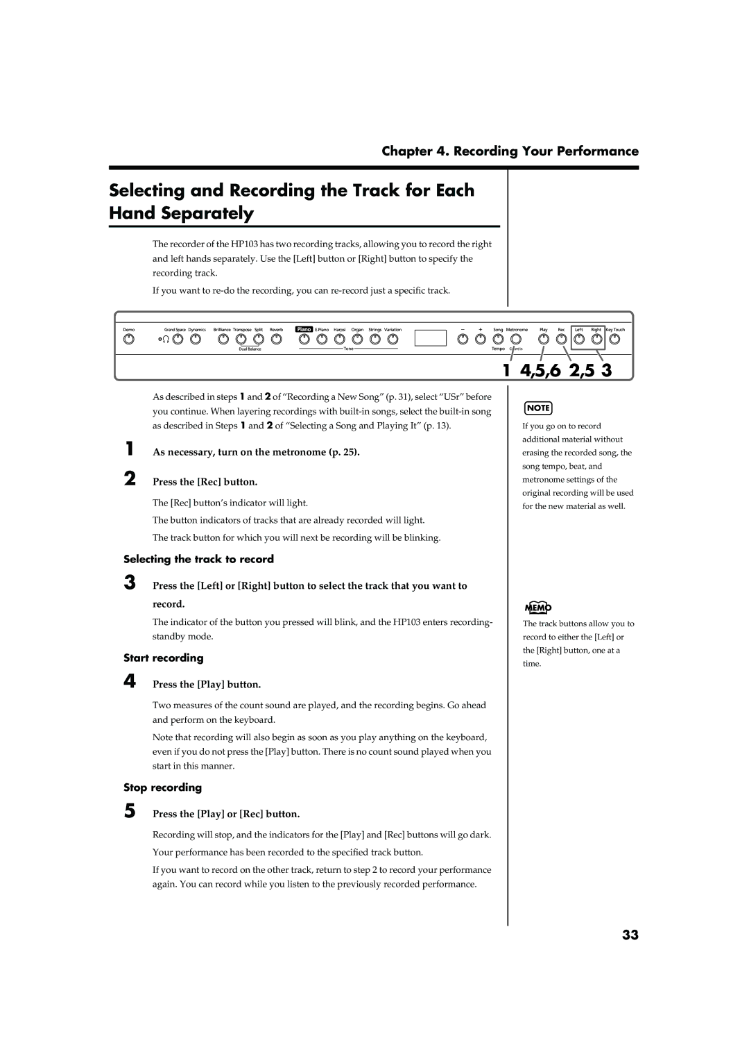 Roland HP103 owner manual Selecting and Recording the Track for Each Hand Separately, 5,6 2,5 