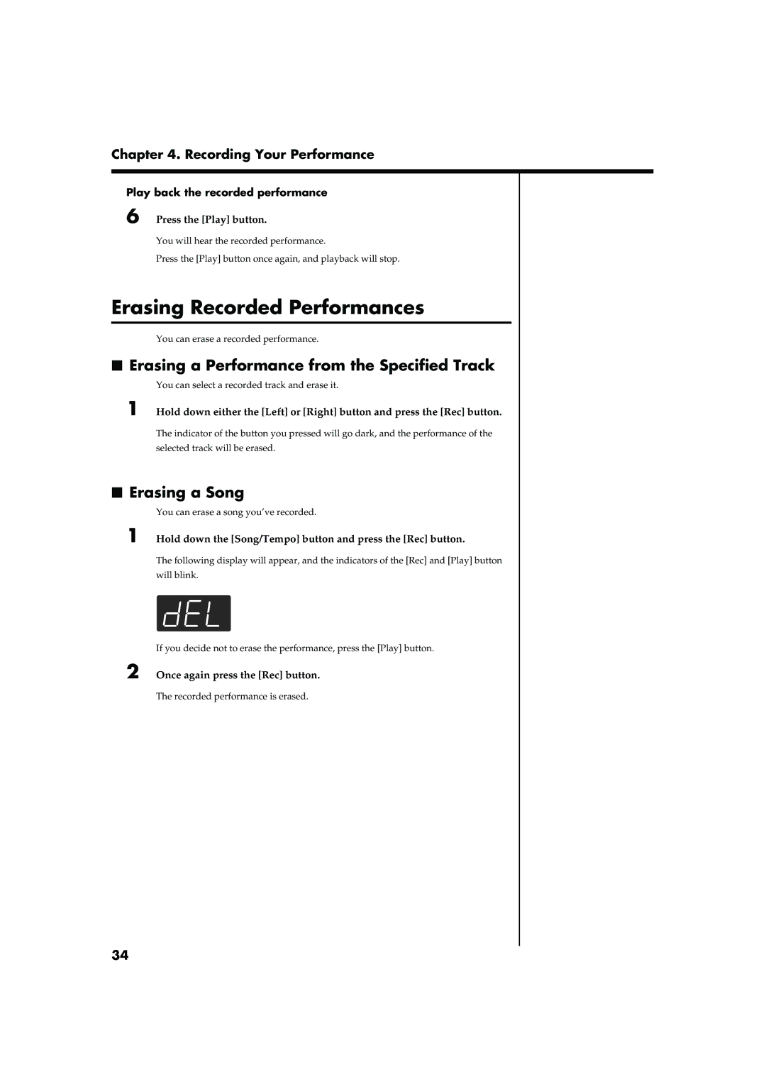 Roland HP103 owner manual Erasing Recorded Performances, Erasing a Performance from the Specified Track, Erasing a Song 