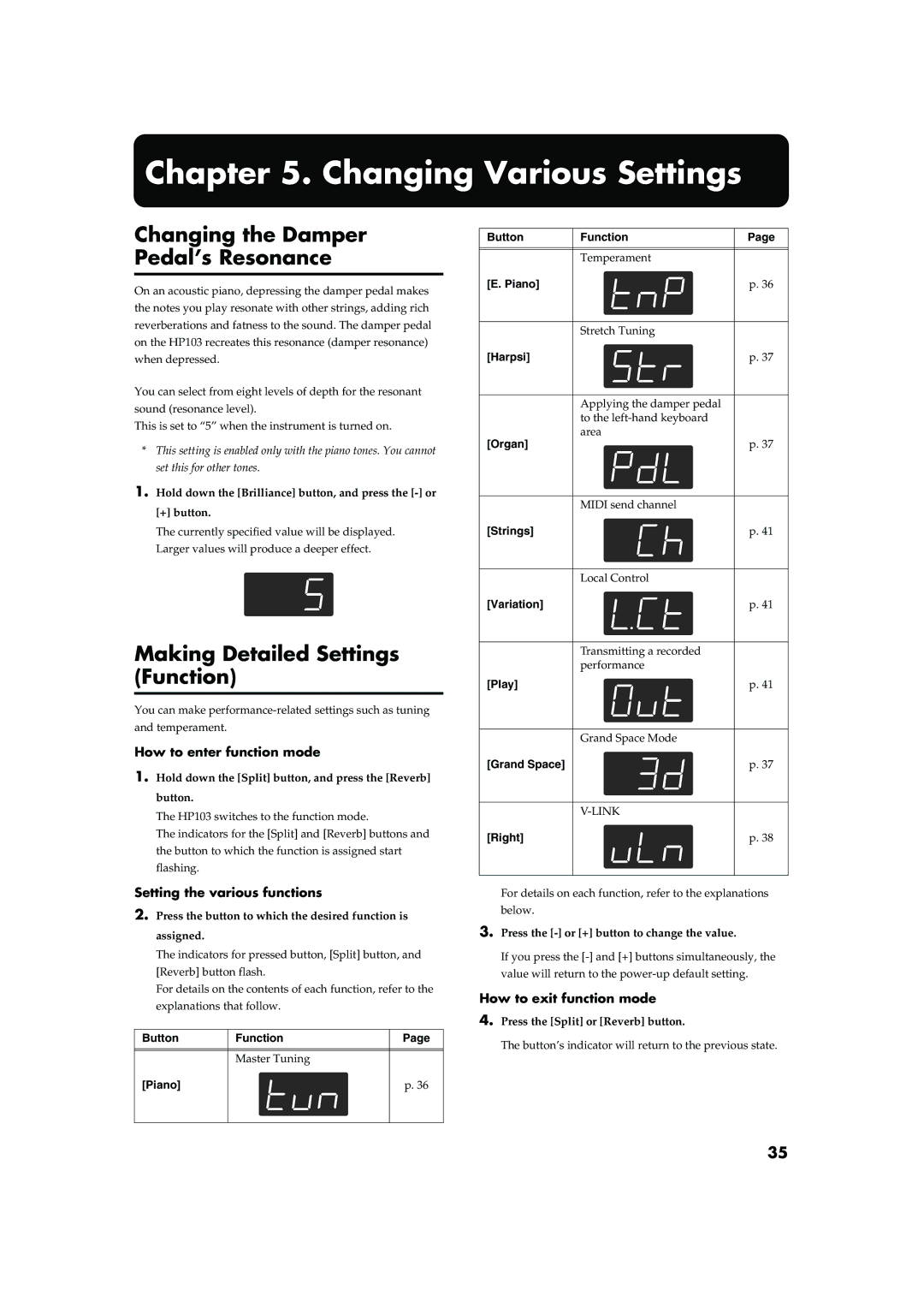 Roland HP103 Changing Various Settings, Changing the Damper Pedal’s Resonance, Making Detailed Settings Function 