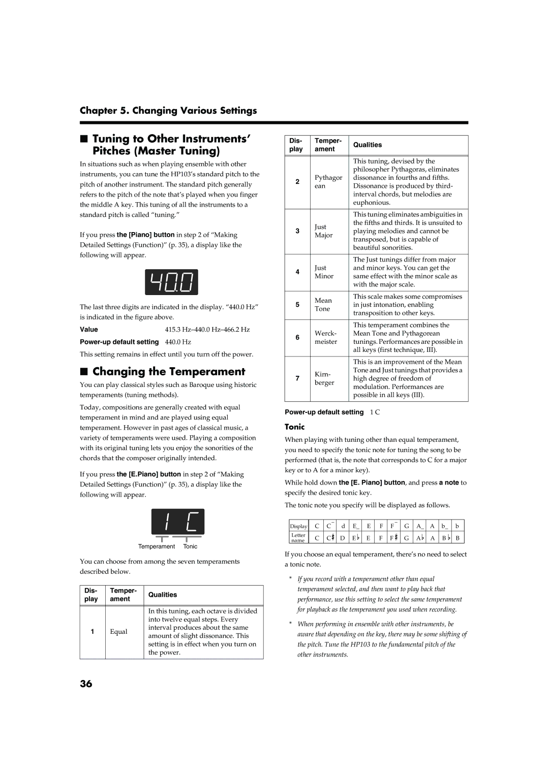 Roland HP103 owner manual Tuning to Other Instruments’ Pitches Master Tuning, Changing the Temperament, Tonic 