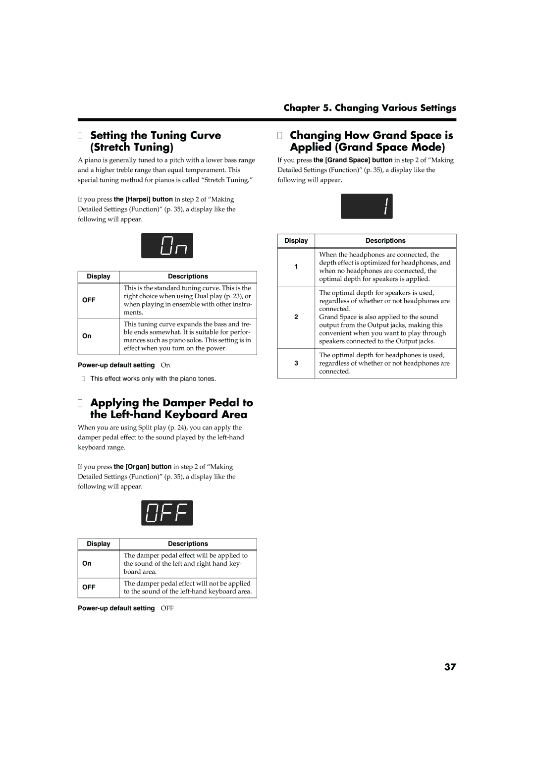 Roland HP103 owner manual Setting the Tuning Curve Stretch Tuning, Applying the Damper Pedal to Left-hand Keyboard Area 