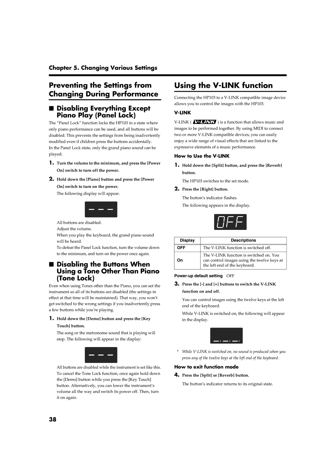 Roland HP103 Using the V-LINK function, Disabling Everything Except Piano Play Panel Lock, How to Use the V-LINK 