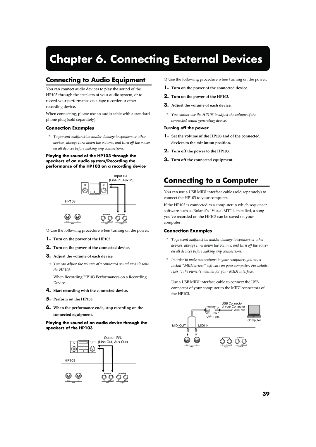 Roland HP103 Connecting External Devices, Connecting to a Computer, Connecting to Audio Equipment, Connection Examples 