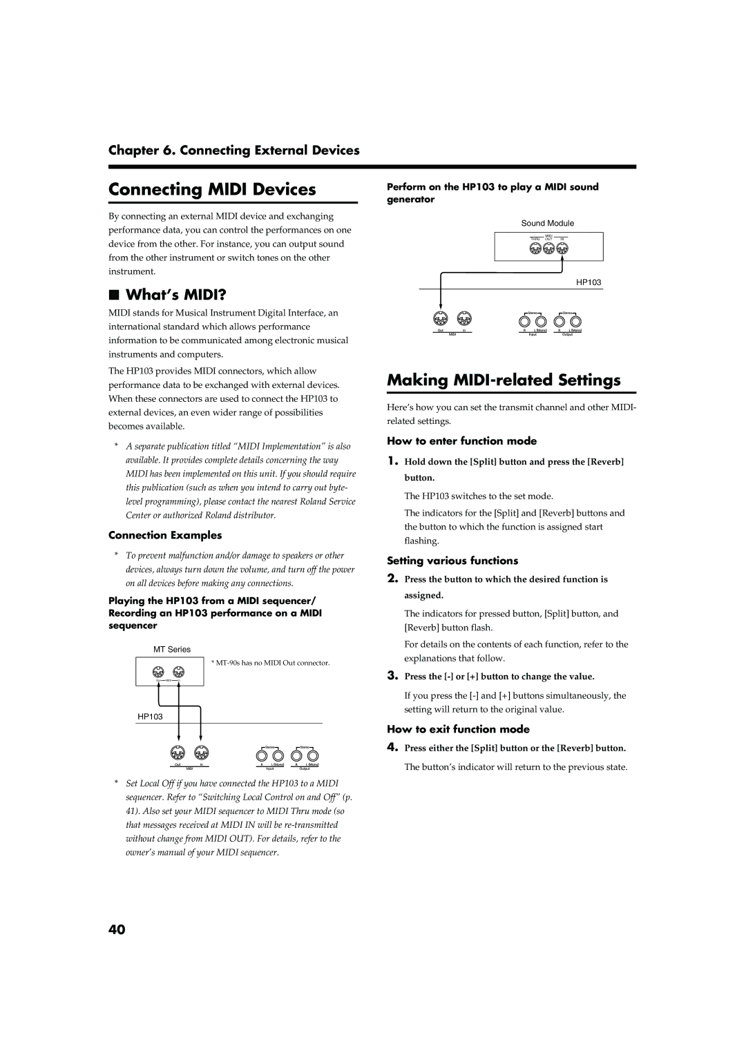 Roland HP103 owner manual Connecting Midi Devices, What’s MIDI?, Setting various functions 