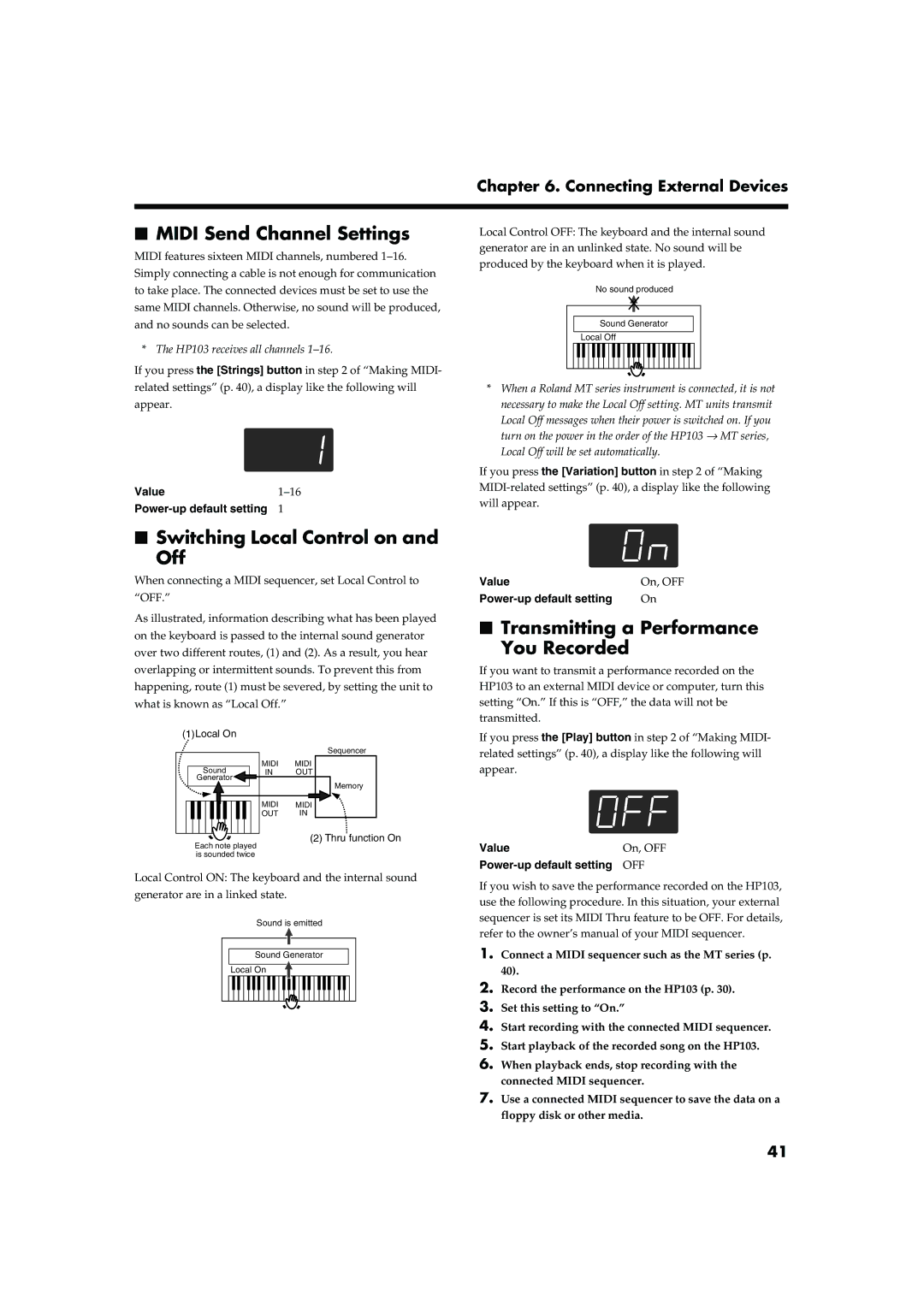 Roland HP103 Midi Send Channel Settings, Switching Local Control on Off, Transmitting a Performance You Recorded 