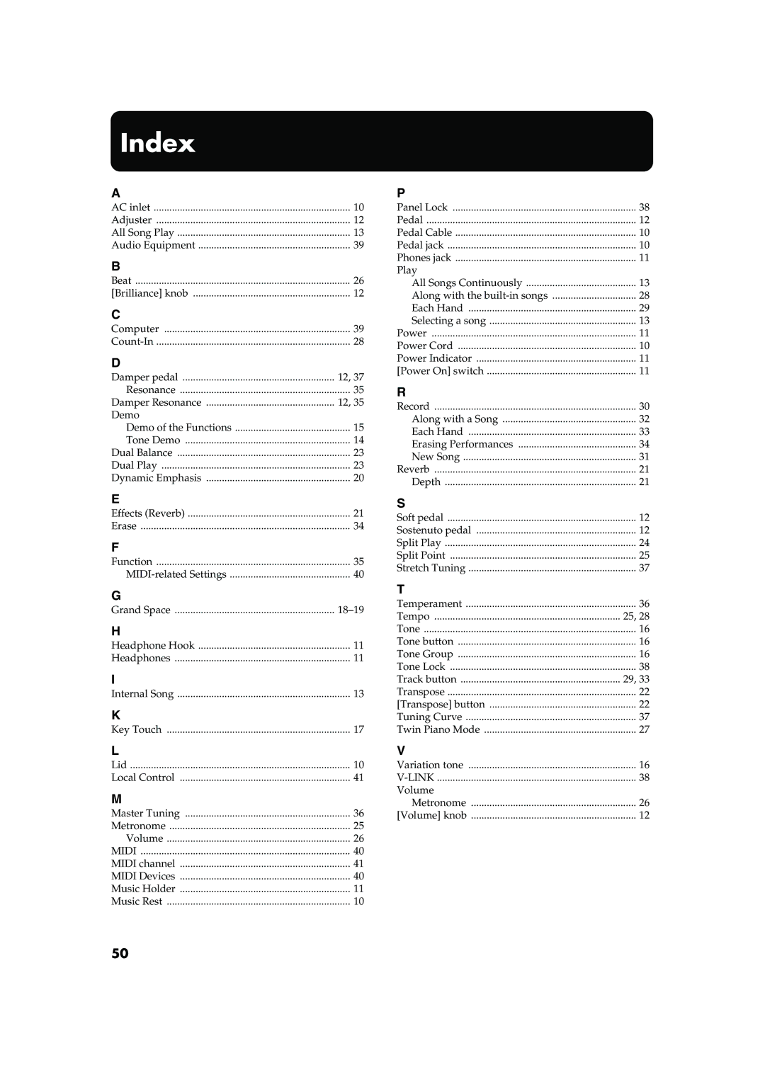 Roland HP103 owner manual Index, Midi 