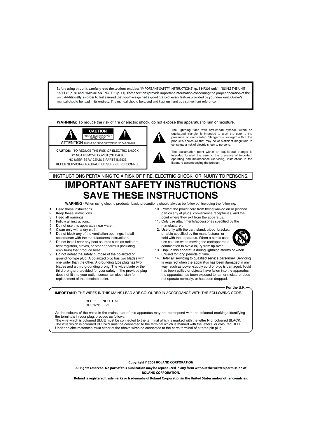 Roland HP302, HP305 important safety instructions Important Safety Instructions 