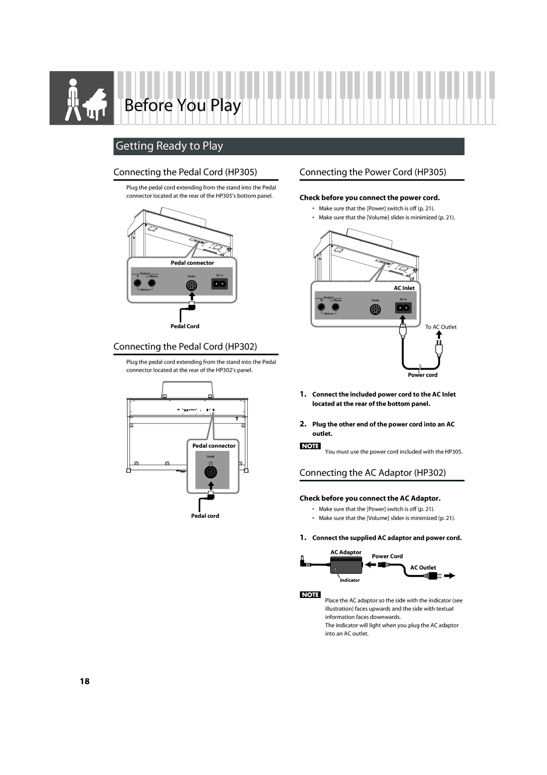 Roland HP305, HP302 important safety instructions Before You Play, Getting Ready to Play 