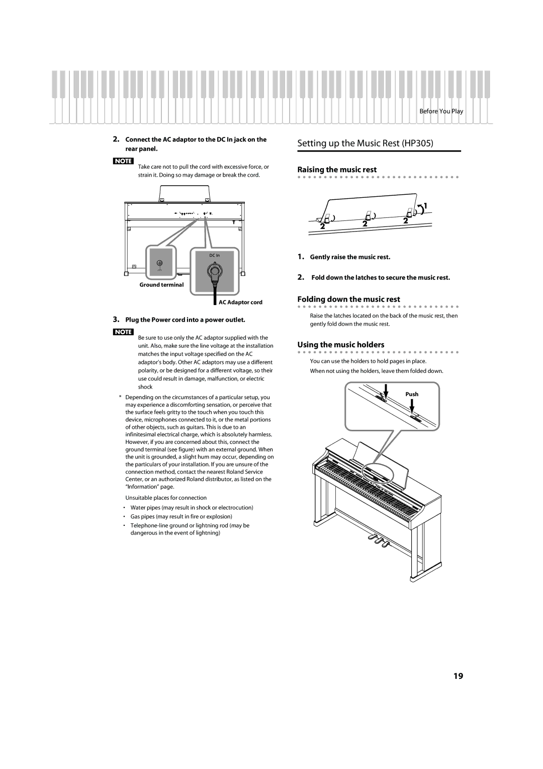 Roland HP302 Setting up the Music Rest HP305, Raising the music rest, Folding down the music rest, Using the music holders 