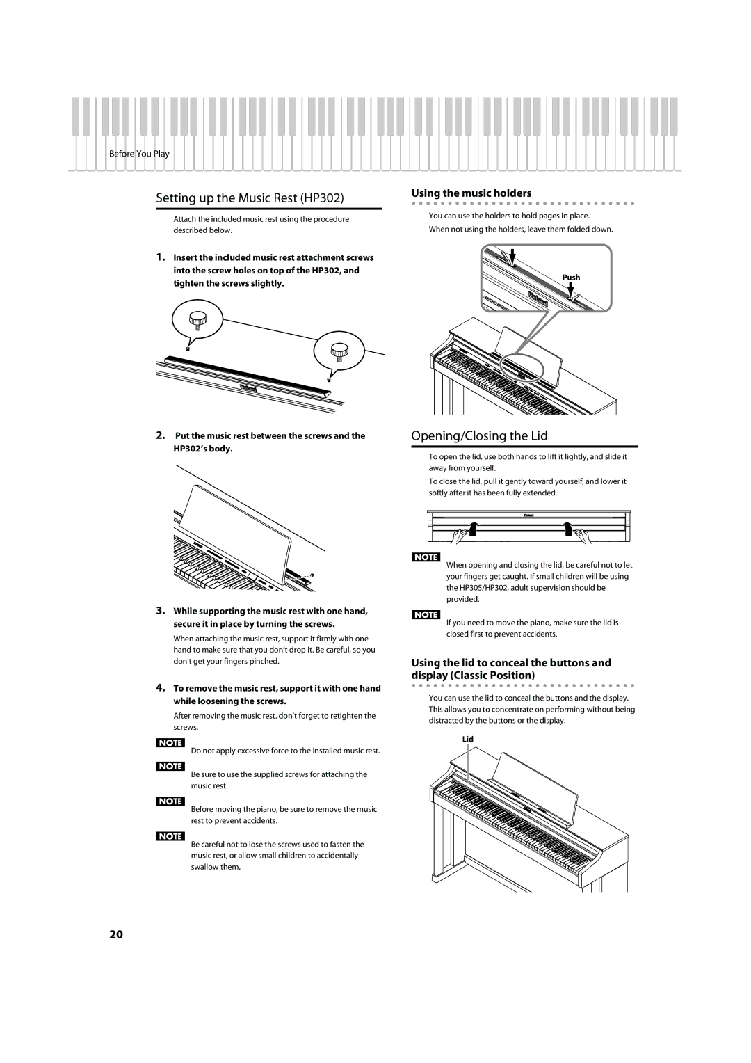 Roland HP305 important safety instructions Setting up the Music Rest HP302, Opening/Closing the Lid 