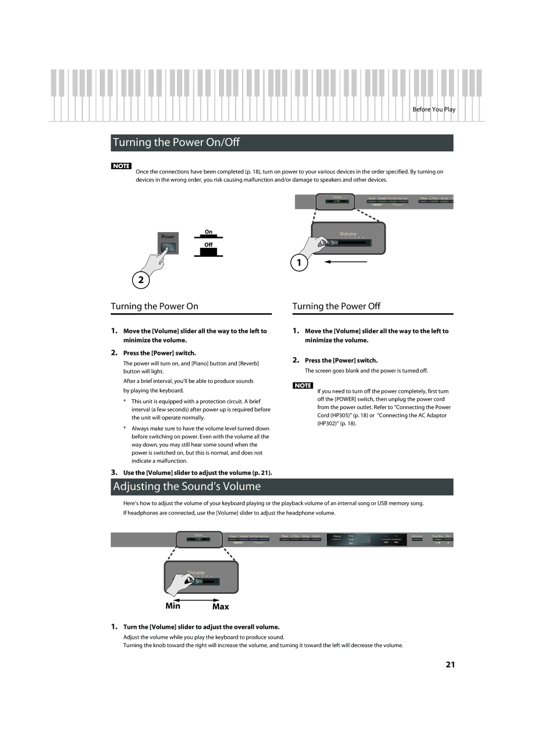 Roland HP302, HP305 Turning the Power On/Off, Adjusting the Sound’s Volume, Turning the Power Off 