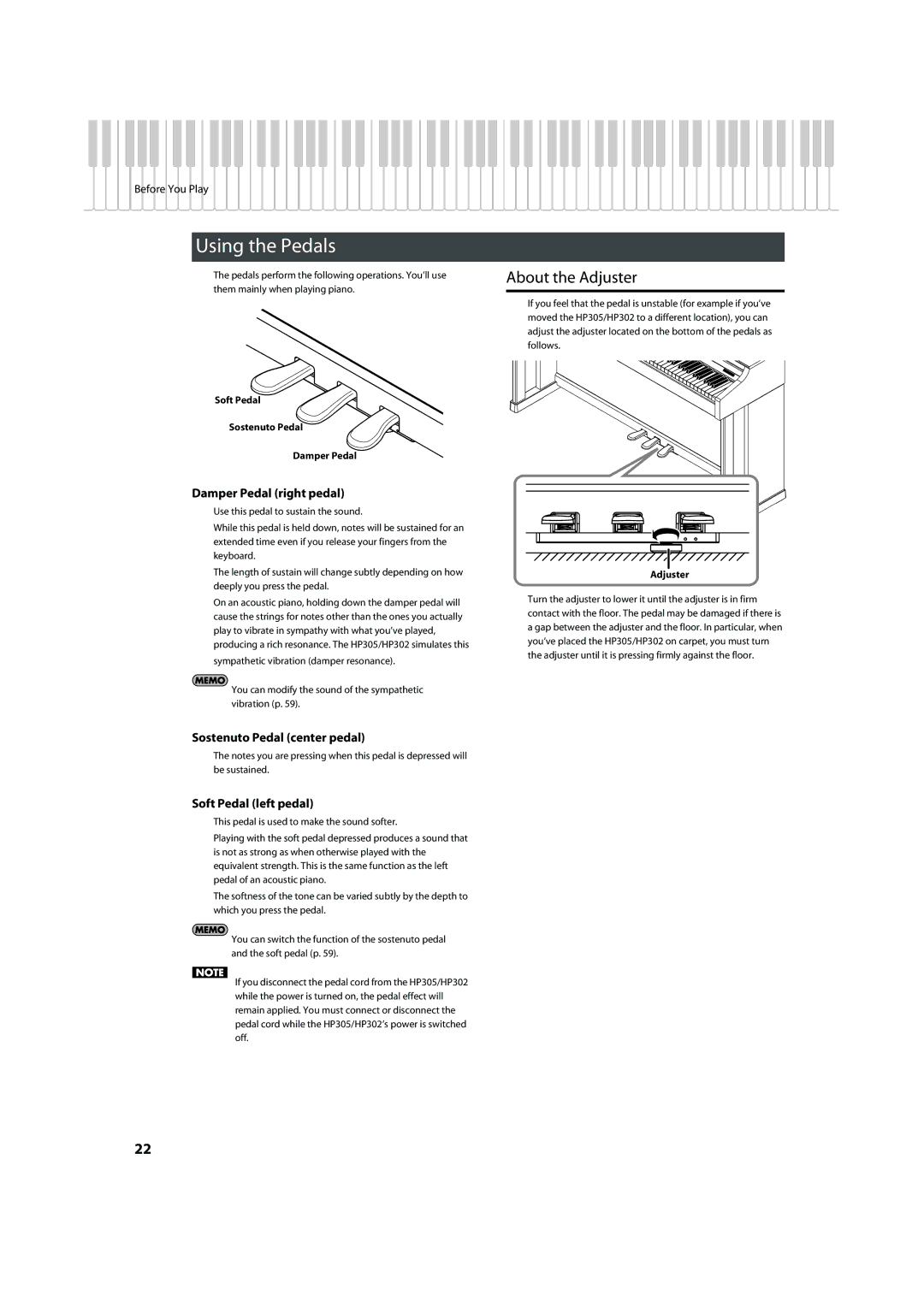 Roland HP305, HP302 important safety instructions Using the Pedals, About the Adjuster, Damper Pedal right pedal 