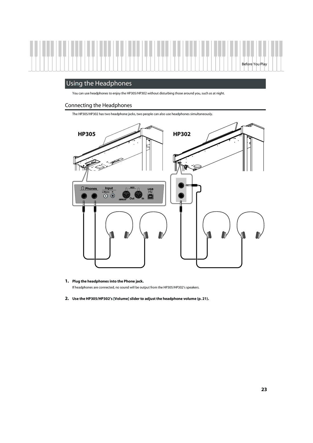 Roland HP302, HP305 Using the Headphones, Connecting the Headphones, Plug the headphones into the Phone jack 